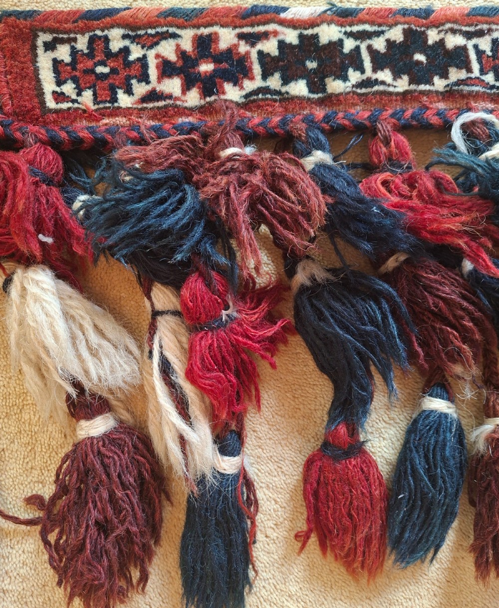 A pair of handwoven wool Turkoman camel neck trappings featuring geometric red and cream bands trimmed with dense multicoloured tassels. View V