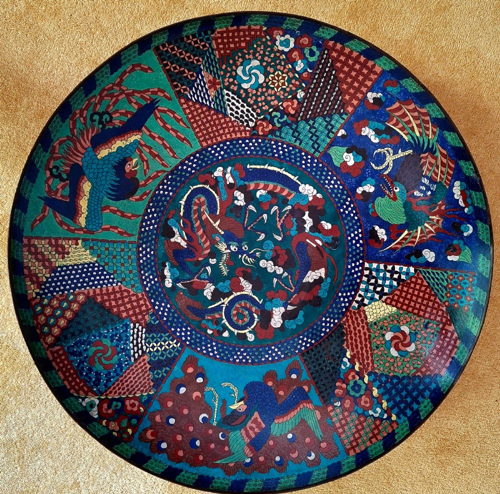 Masterpiece / Monumental Japanese Cloisonne Enamel 'Dragon' Charger (63cm). Circa 1865 - 1870.