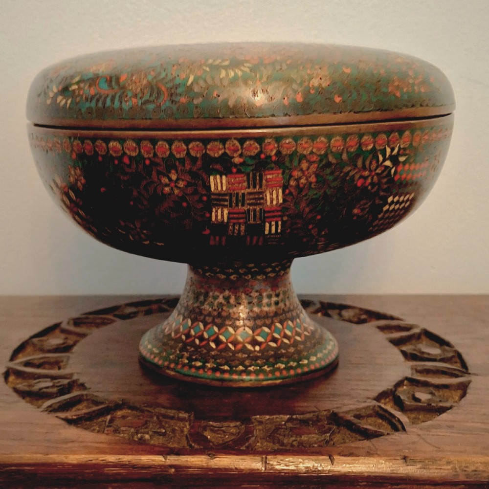A Japanese cloisonne enamel lidded pedestal bowl showcasing complex geometric wirework patterns on the exterior and a turquoise enamelled interior. View IV
