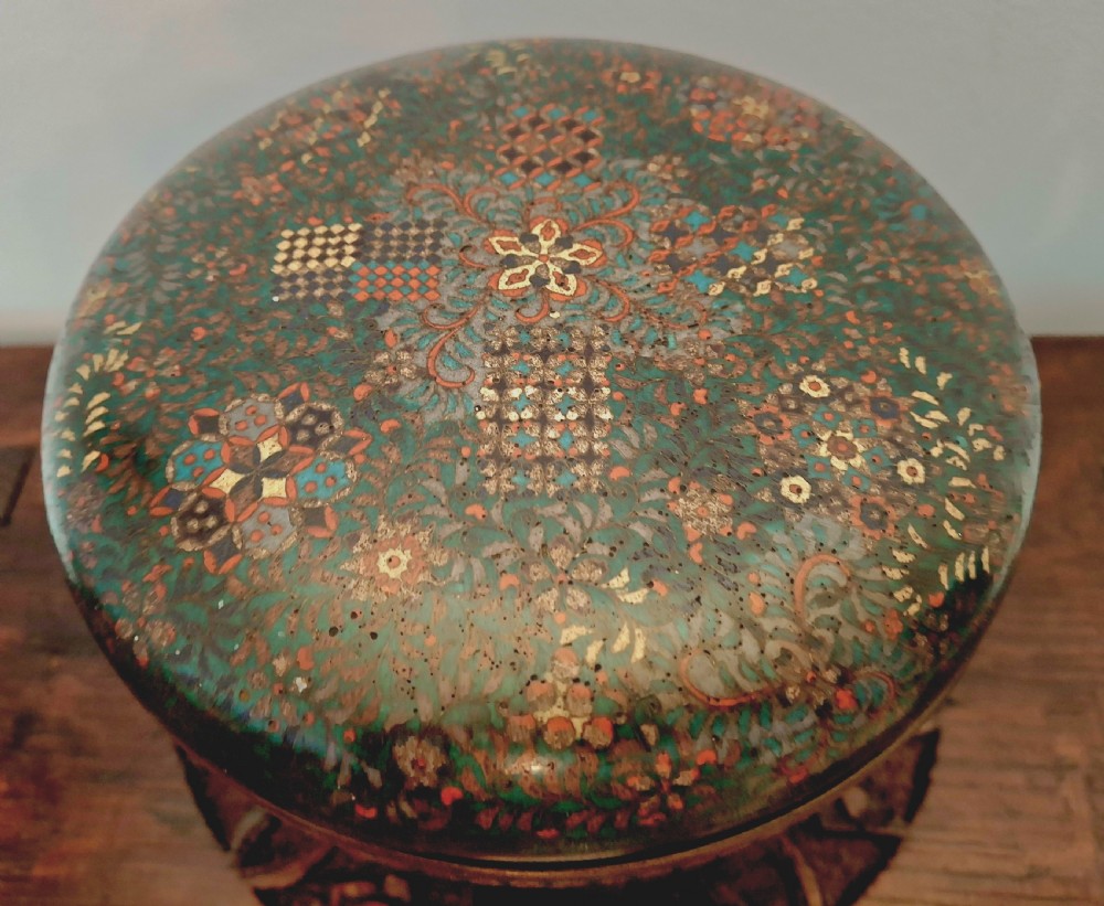 A Japanese cloisonne enamel lidded pedestal bowl showcasing complex geometric wirework patterns on the exterior and a turquoise enamelled interior. View VII