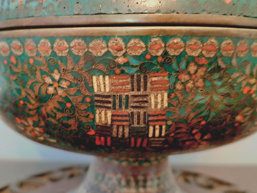 A Japanese cloisonne enamel lidded pedestal bowl showcasing complex geometric wirework patterns on the exterior and a turquoise enamelled interior. View VIII