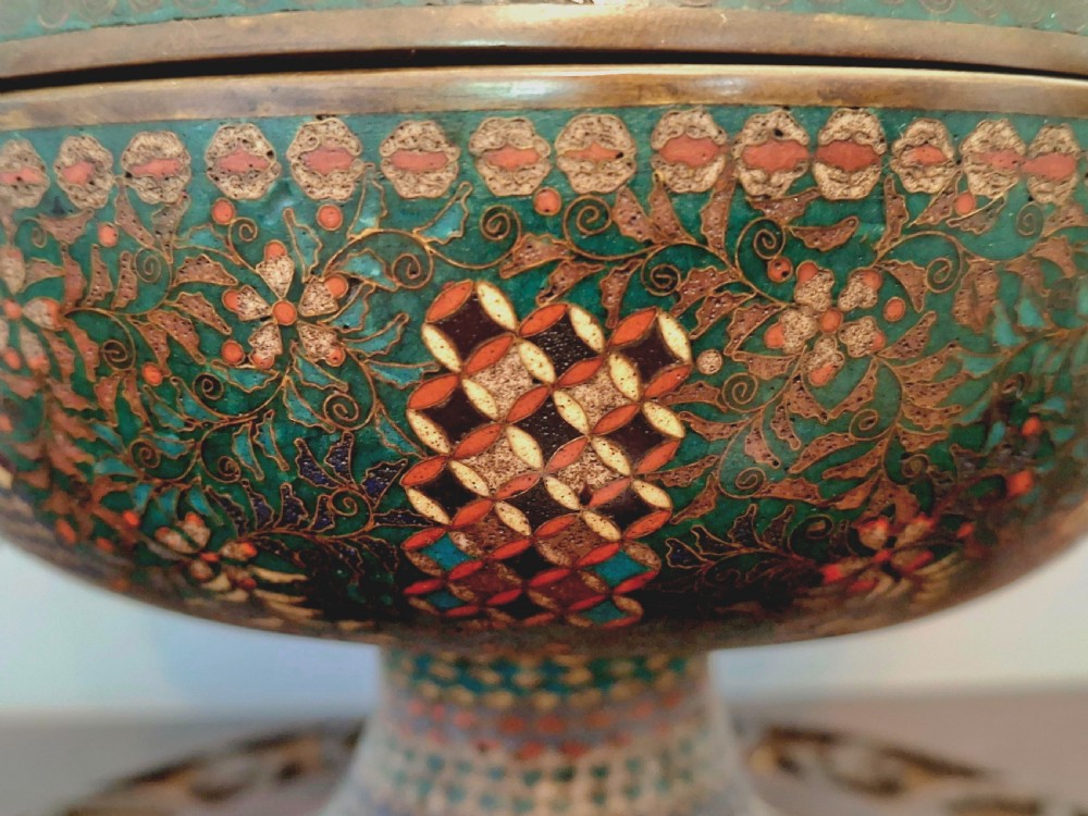 A Japanese cloisonne enamel lidded pedestal bowl showcasing complex geometric wirework patterns on the exterior and a turquoise enamelled interior. View IX