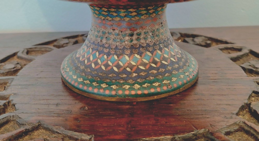A Japanese cloisonne enamel lidded pedestal bowl showcasing complex geometric wirework patterns on the exterior and a turquoise enamelled interior. View X
