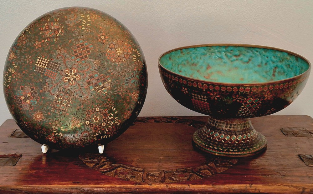 A Japanese cloisonne enamel lidded pedestal bowl showcasing complex geometric wirework patterns on the exterior and a turquoise enamelled interior.