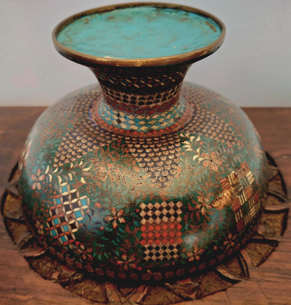 A Japanese cloisonne enamel lidded pedestal bowl showcasing complex geometric wirework patterns on the exterior and a turquoise enamelled interior. View XIII