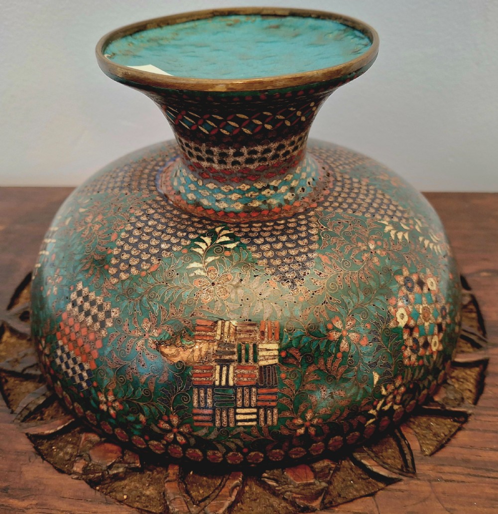 A Japanese cloisonne enamel lidded pedestal bowl showcasing complex geometric wirework patterns on the exterior and a turquoise enamelled interior. View XIV