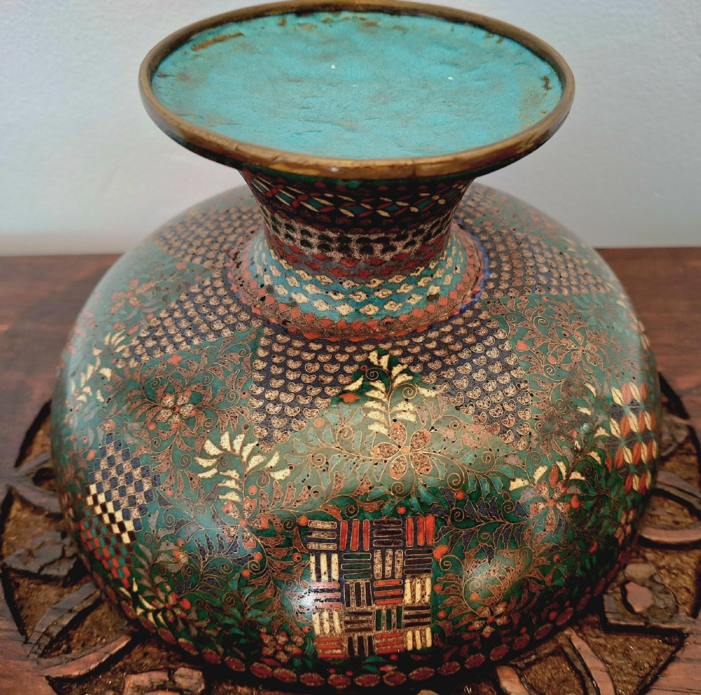 A Japanese cloisonne enamel lidded pedestal bowl showcasing complex geometric wirework patterns on the exterior and a turquoise enamelled interior. View XVI