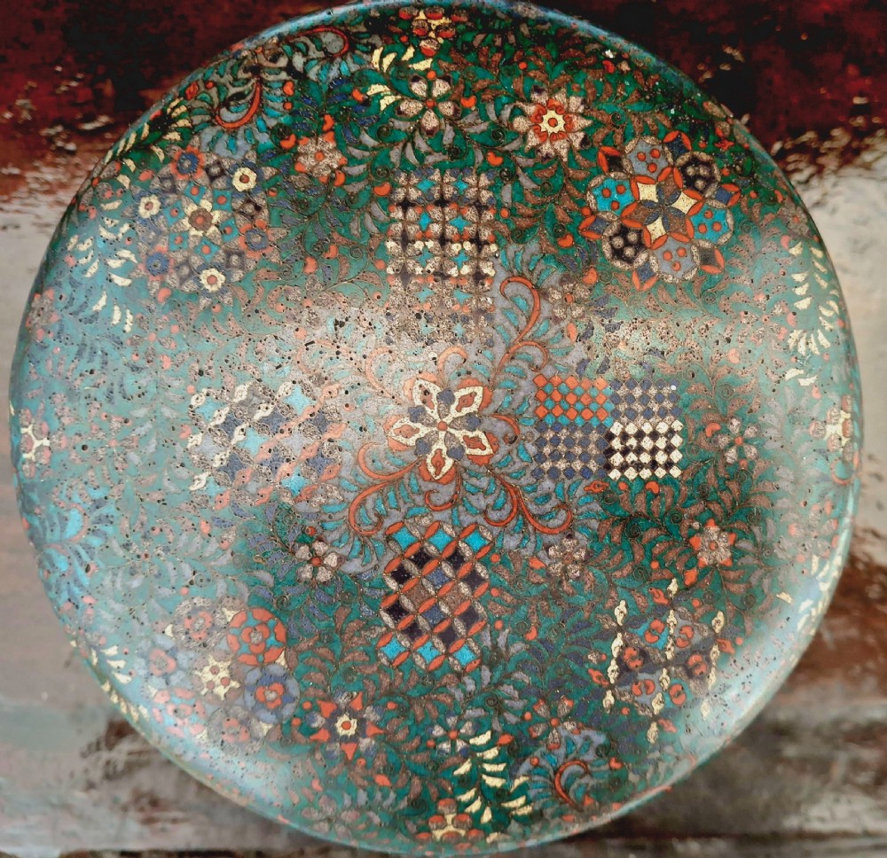 A Japanese cloisonne enamel lidded pedestal bowl showcasing complex geometric wirework patterns on the exterior and a turquoise enamelled interior. View XVII
