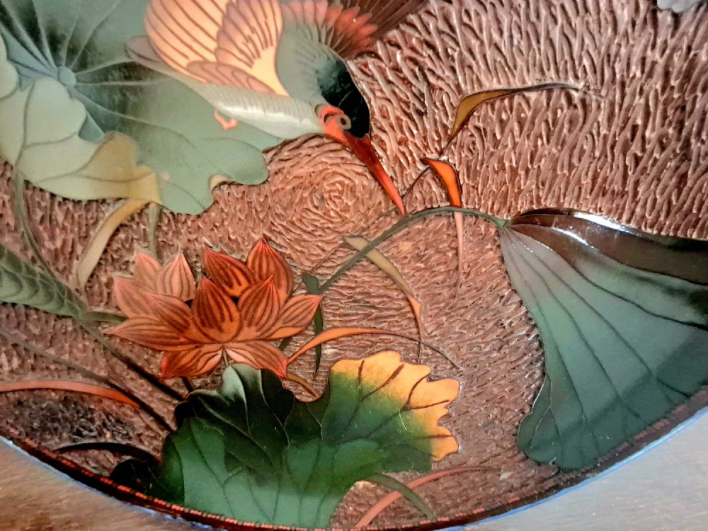 A pair of circular Japanese Totai Shippo porcelain plates depicting birds, lotus flowers, and peonies in polychrome enamel against a textured brown tree bark effect ground. View VIII