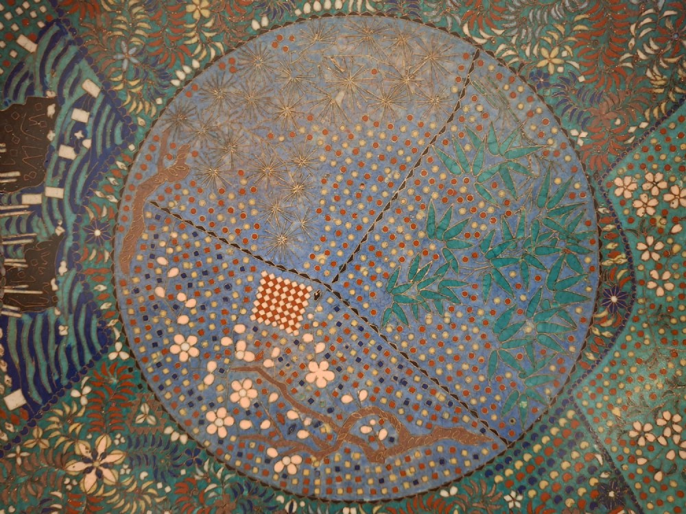A circular Japanese cloisonne enamel charger decorated with geometric reserves, floral patterns, foliage, and bird motifs in blue, green, and terracotta tones. View III