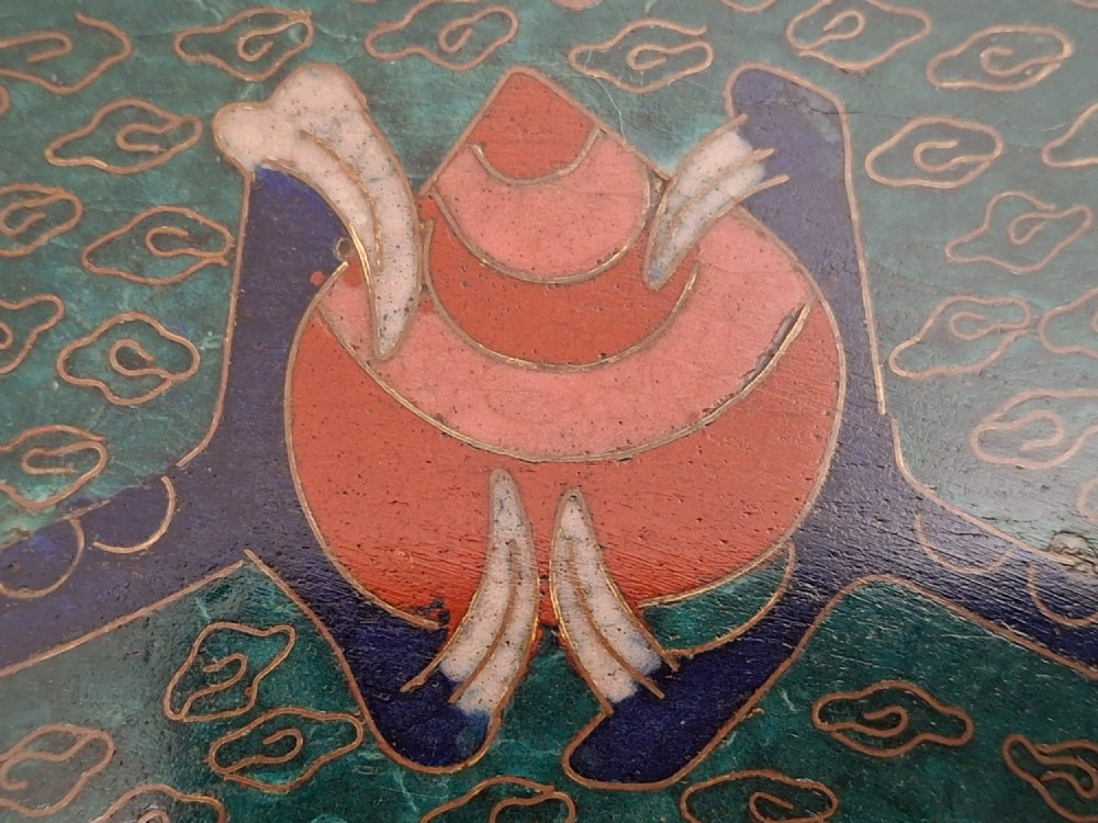 Square Japanese cloisonne enamel tray featuring a central bird motif surrounded by two coiled dragons on a teal patterned ground. View XI