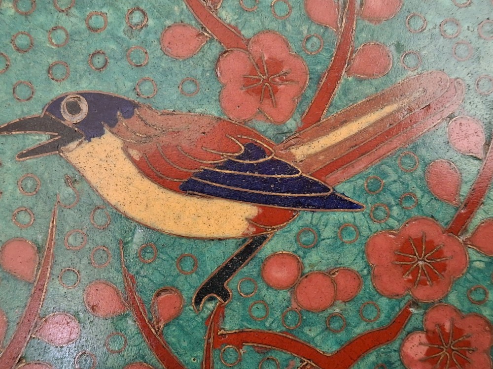 Square Japanese cloisonne enamel tray featuring a central bird motif surrounded by two coiled dragons on a teal patterned ground. View XII