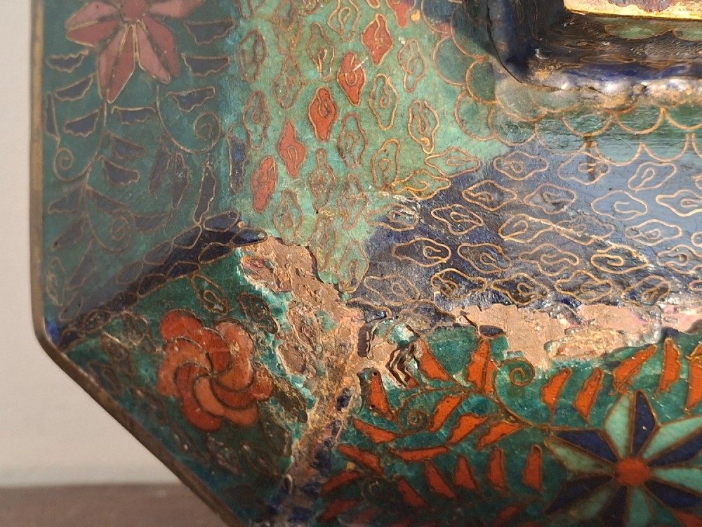 Square Japanese cloisonne enamel tray featuring a central bird motif surrounded by two coiled dragons on a teal patterned ground. View XIV