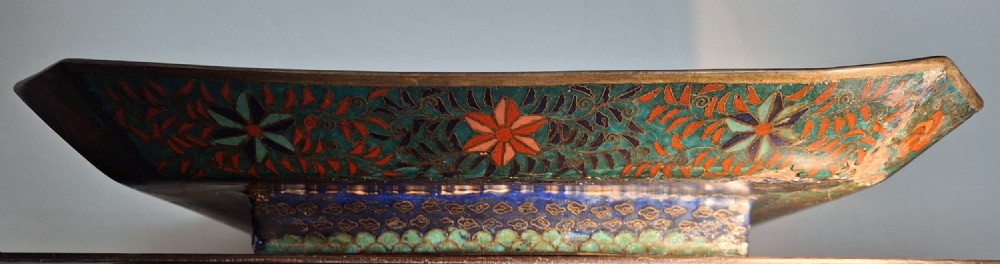 Square Japanese cloisonne enamel tray featuring a central bird motif surrounded by two coiled dragons on a teal patterned ground. View XV