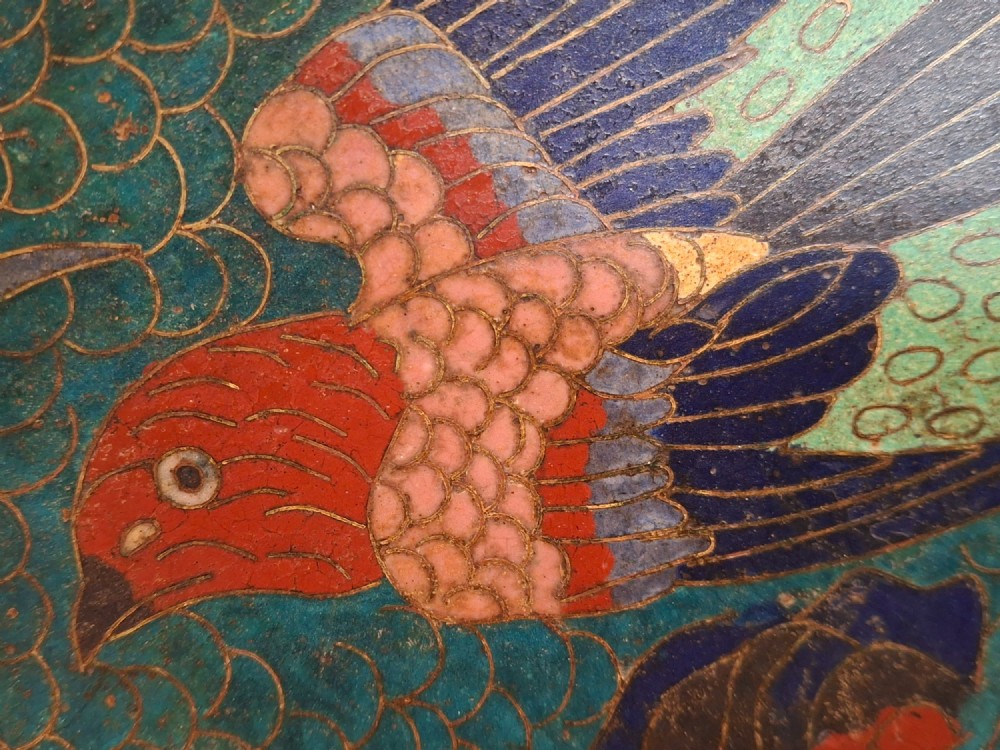 A circular Japanese cloisonne enamel charger featuring an owl, a flying bird, wave patterns, and Mount Fuji against a green ground. View VIII