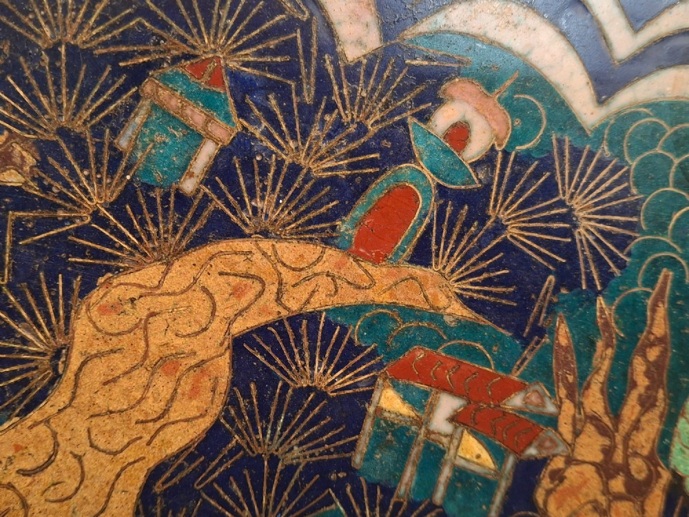 A circular Japanese cloisonne enamel charger featuring an owl, a flying bird, wave patterns, and Mount Fuji against a green ground. View XI