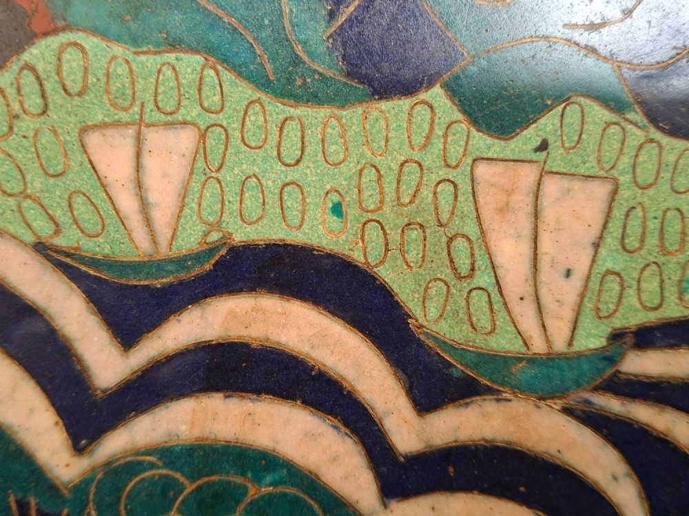 A circular Japanese cloisonne enamel charger featuring an owl, a flying bird, wave patterns, and Mount Fuji against a green ground. View XII