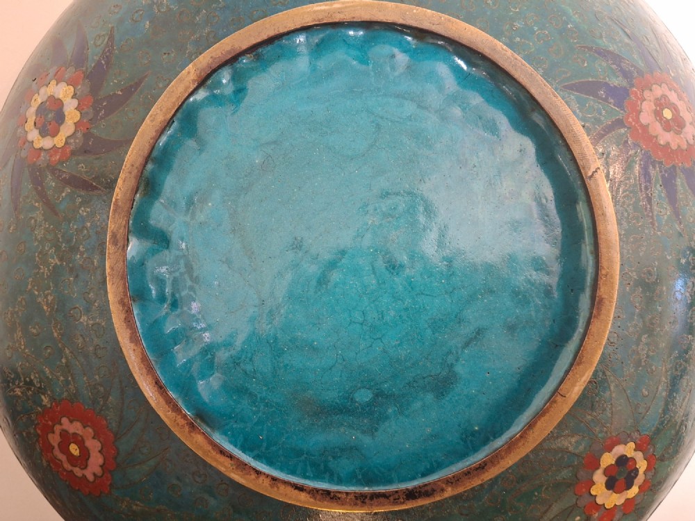 A circular Japanese cloisonne enamel charger featuring an owl, a flying bird, wave patterns, and Mount Fuji against a green ground. View XV