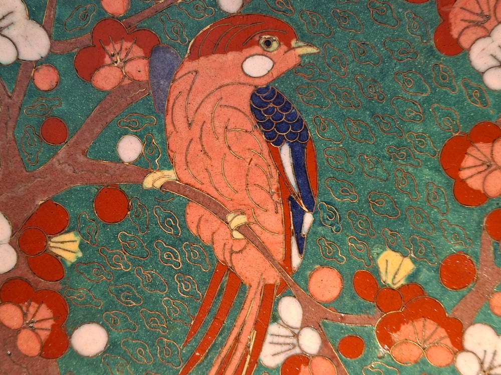 An octagonal antique Japanese cloisonne enamel tray featuring a central bird on a flowering branch surrounded by colourful geometric brocade panels. View VIII