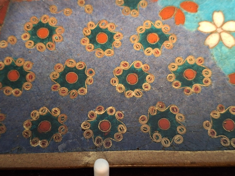 An octagonal antique Japanese cloisonne enamel tray featuring a central bird on a flowering branch surrounded by colourful geometric brocade panels. View IX