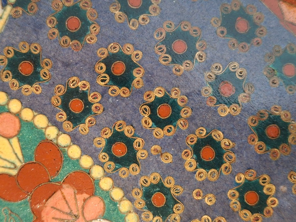 An octagonal antique Japanese cloisonne enamel tray featuring a central bird on a flowering branch surrounded by colourful geometric brocade panels. View X