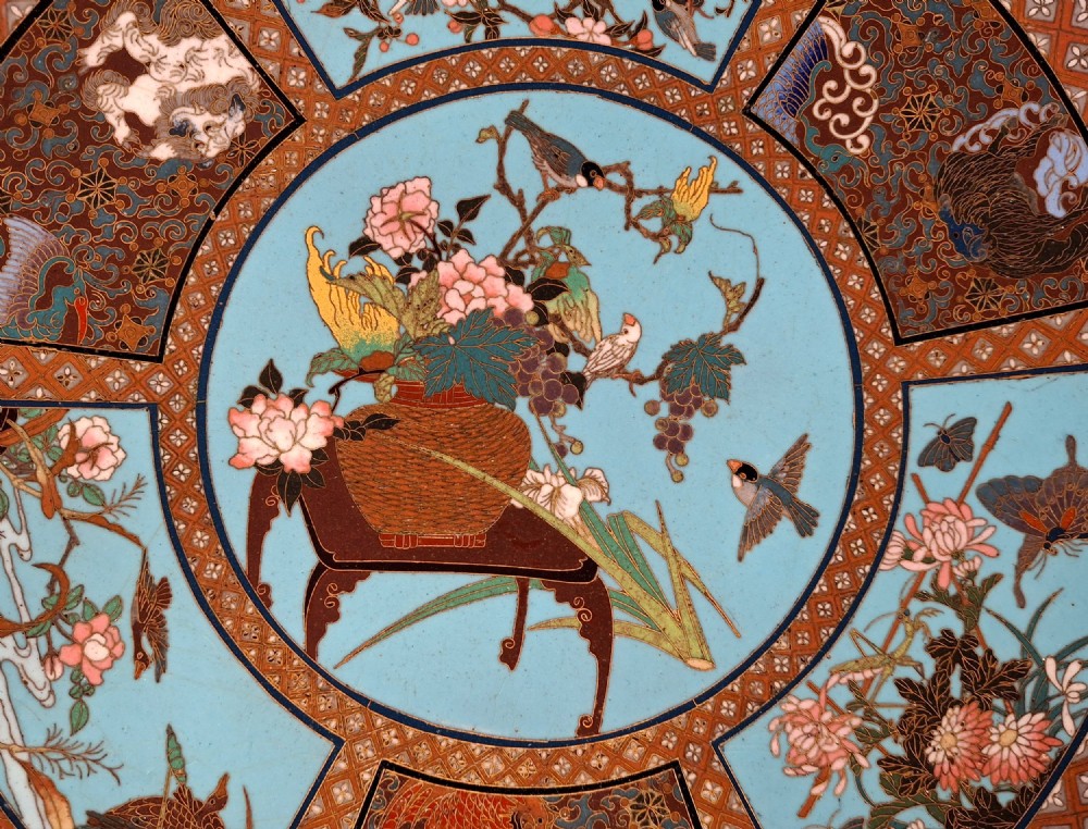A circular Japanese cloisonne enamel charger featuring a central turquoise medallion with a floral vase and birds, enclosed by patterned borders and surrounding nature panels. View II