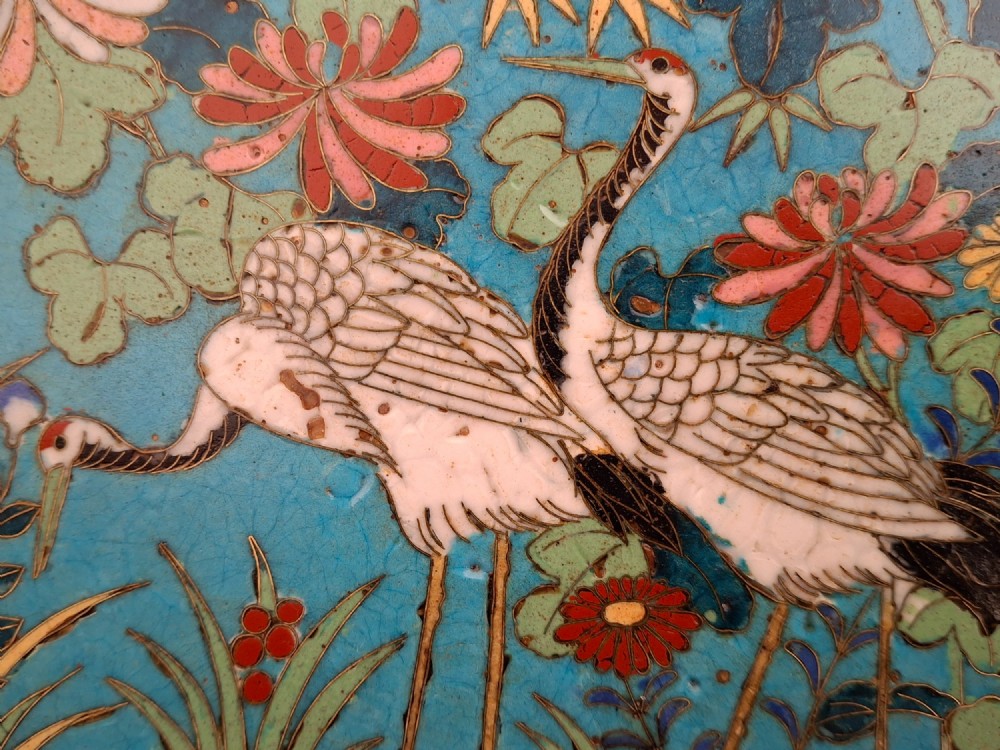 A circular Japanese cloisonne enamel decorative plate decorated with two wading birds surrounded by flowers against a turquoise ground with an ornamental geometric border. View IV