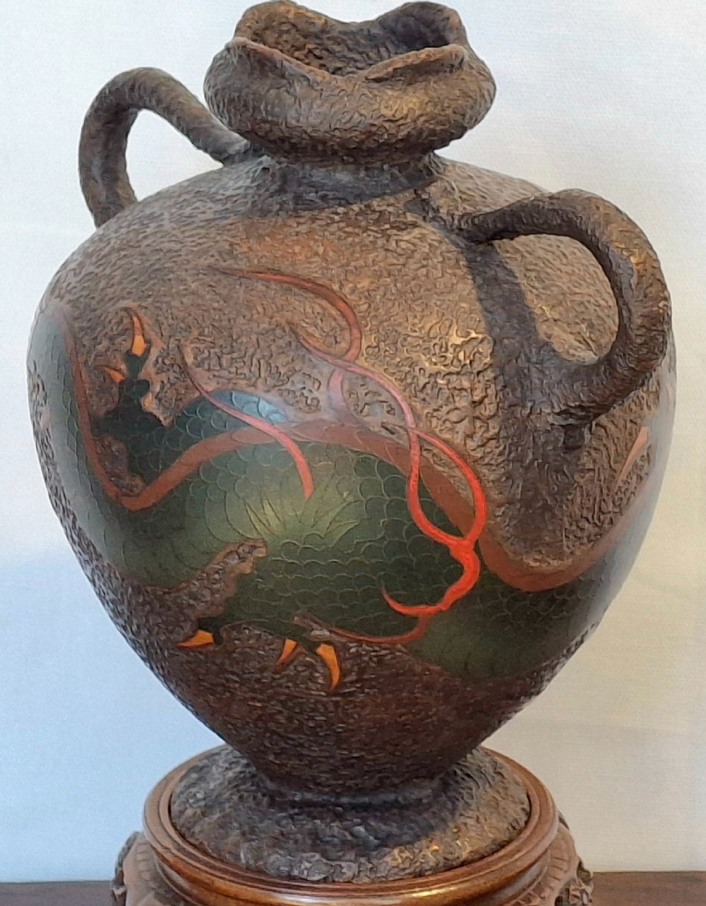 A nineteenth-century Japanese Totai Shippo ceramic vase featuring a textured tree-bark ground decorated with a dragon motif and twin handles. View V