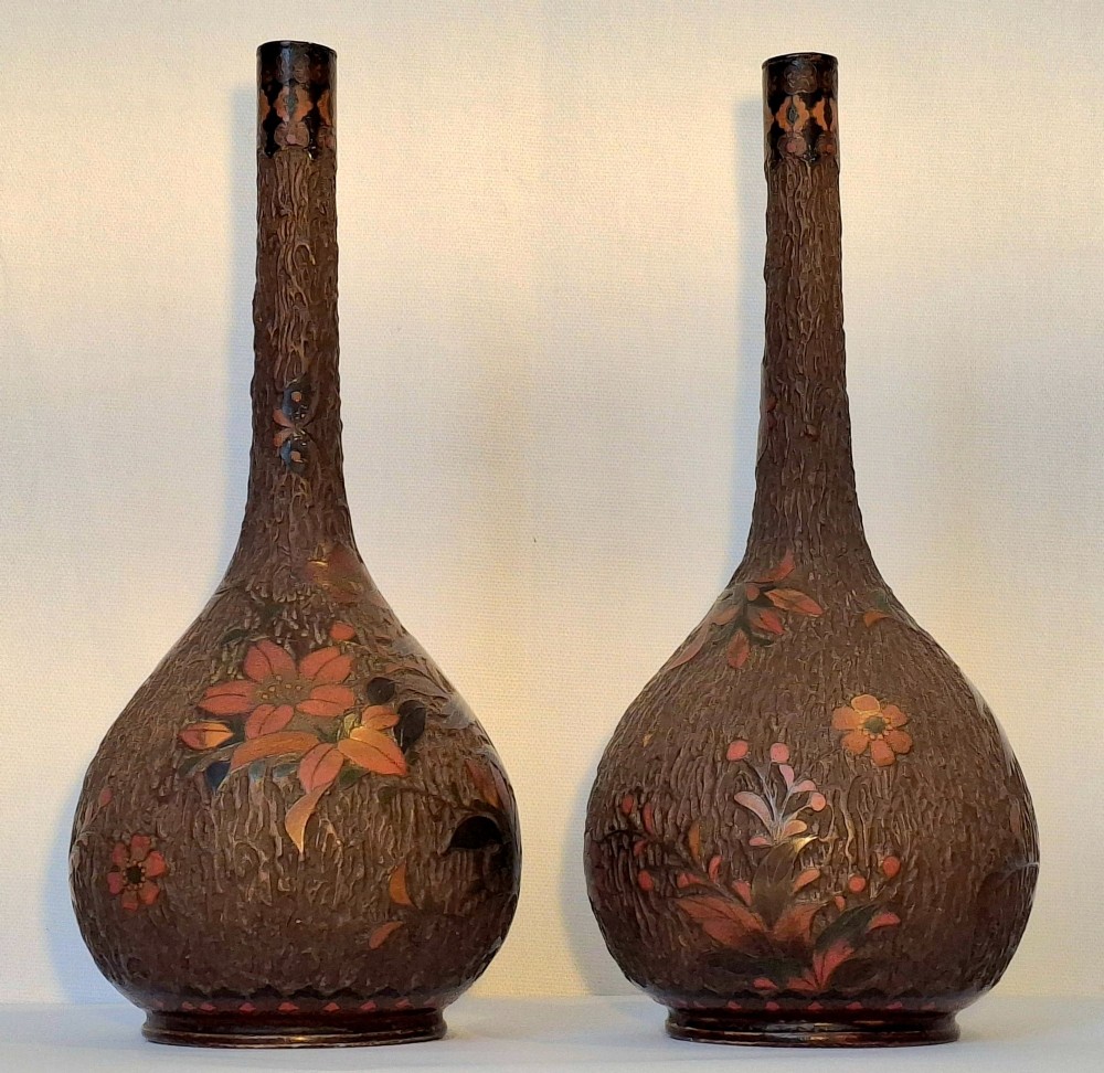 A pair of Japanese Totai Shippo ceramic vases featuring dark brown tree-bark textured surfaces decorated with cloisonne birds and foliage. View II