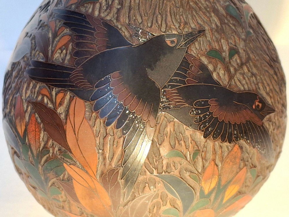 A pair of Japanese Totai Shippo ceramic vases featuring dark brown tree-bark textured surfaces decorated with cloisonne birds and foliage. View V