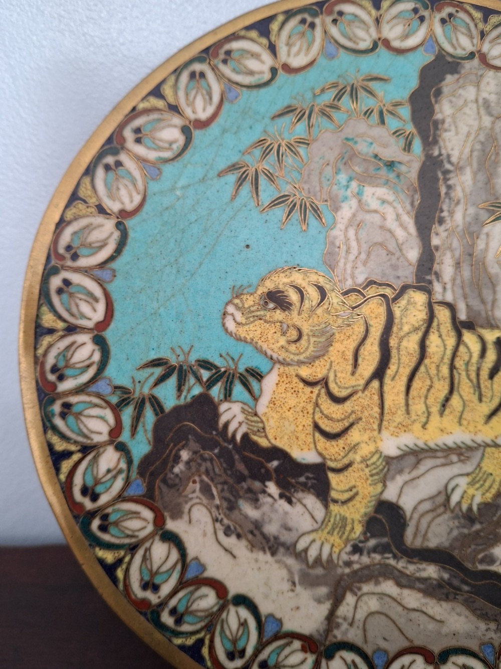 A circular Japanese cloisonne enamel dish depicting a yellow tiger beside bamboo and rocks against a turquoise blue ground with a stylized border. View VI