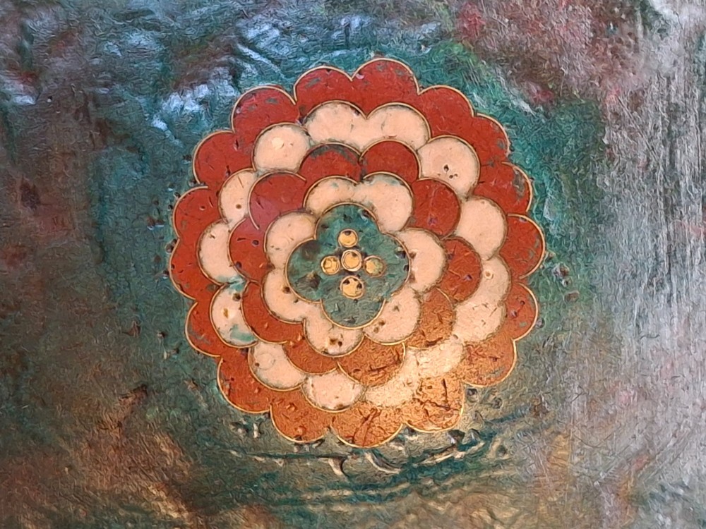 A square Japanese cloisonne enamel tray featuring a central panel with a bird and floral blossoms surrounded by turquoise geometric lattice borders. View XII