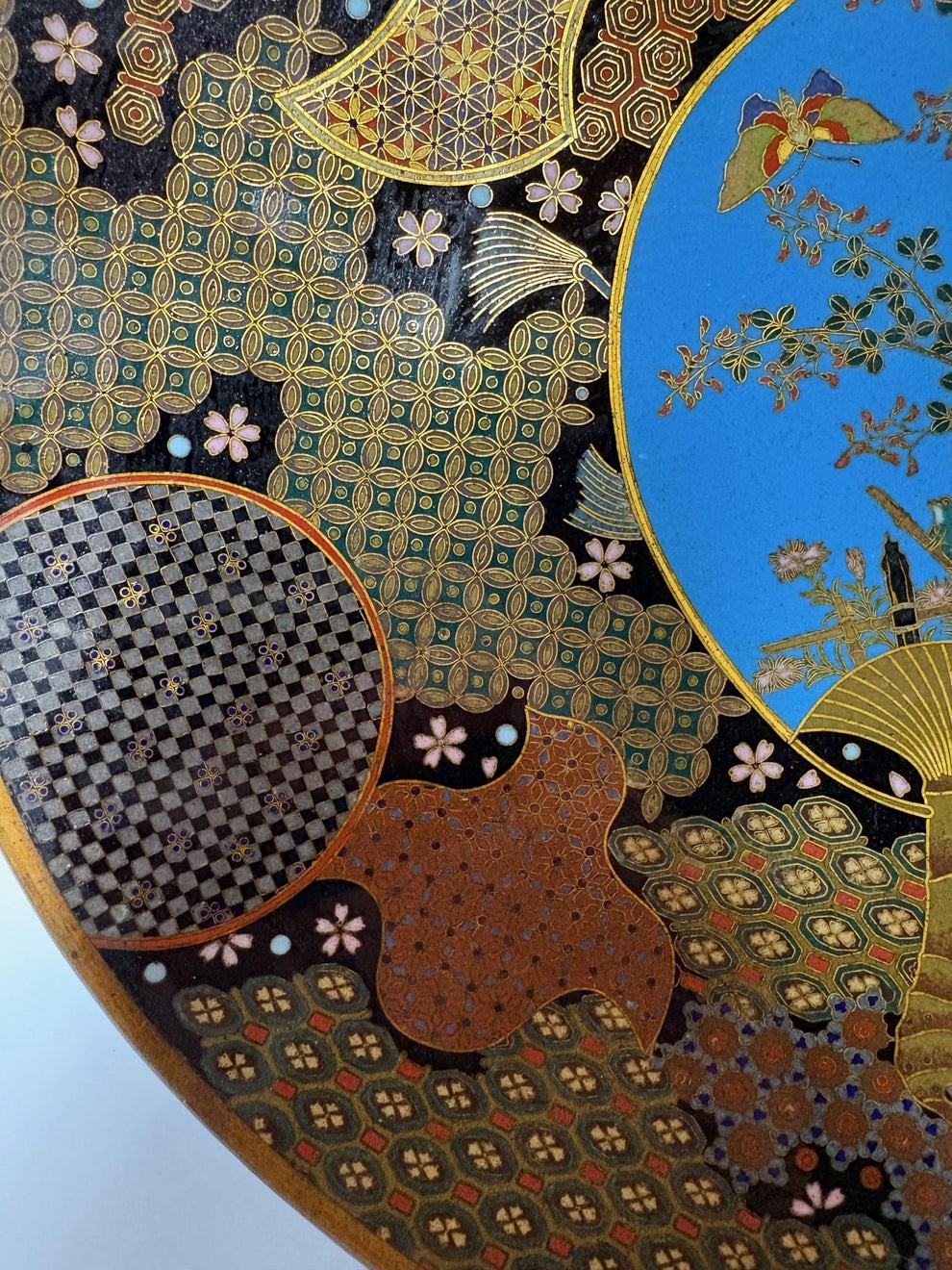 A circular Japanese Meiji period cloisonne charger featuring a sky-blue central medallion with chrysanthemums, a butterfly, and a frog, framed by geometric enamel patterns. View IV