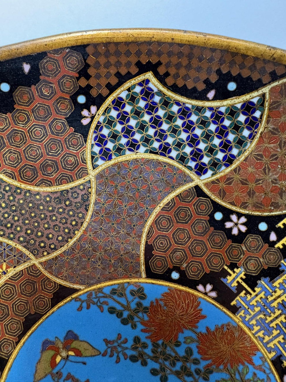 A circular Japanese Meiji period cloisonne charger featuring a sky-blue central medallion with chrysanthemums, a butterfly, and a frog, framed by geometric enamel patterns. View VI