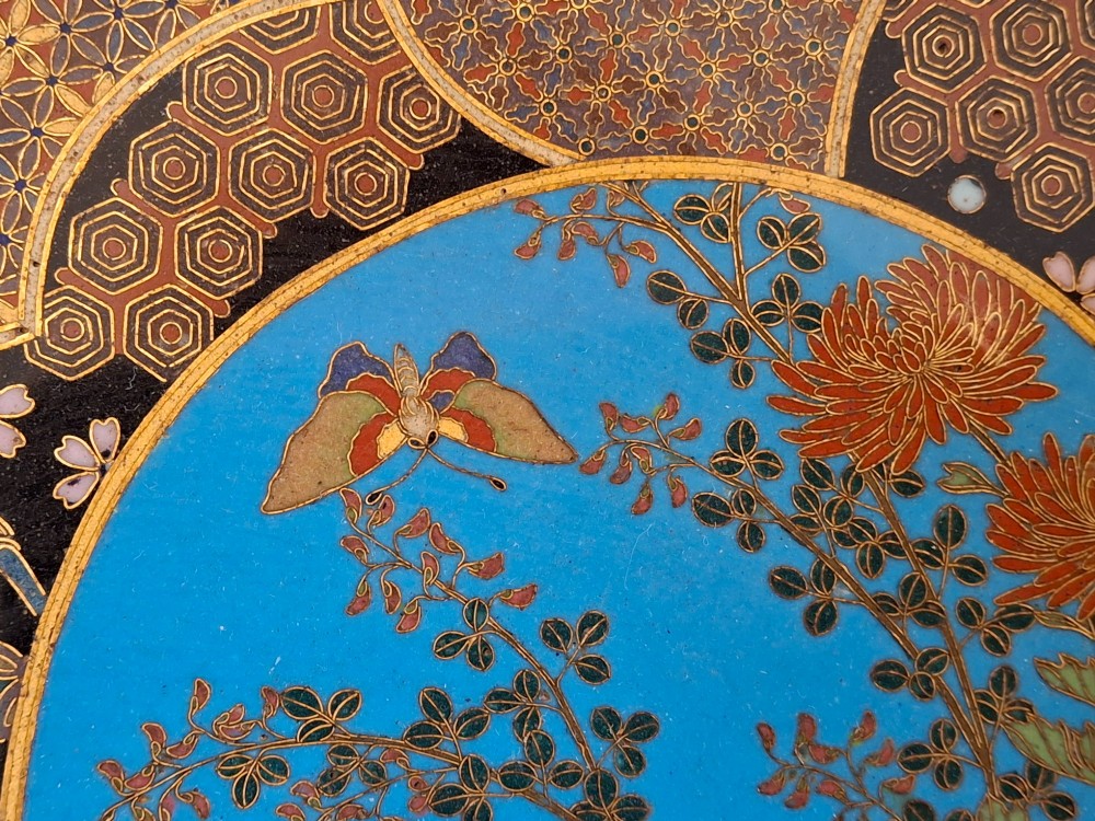 A circular Japanese Meiji period cloisonne charger featuring a sky-blue central medallion with chrysanthemums, a butterfly, and a frog, framed by geometric enamel patterns. View X