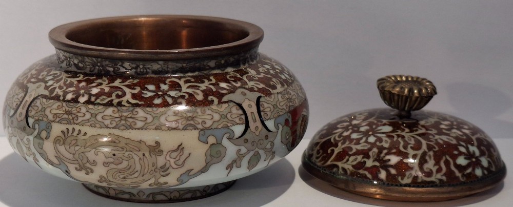 A Japanese cloisonne enamel koro decorated with phoenix motifs and intricate floral scrollwork, topped with a domed lid and carved finial. View X