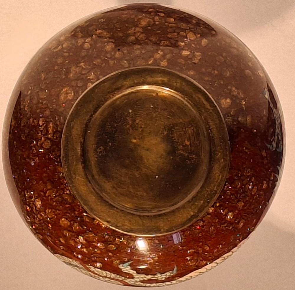 A miniature dark red Japanese cloisonne enamel vase featuring a detailed coiled dragon motif and a slender neck. View XI