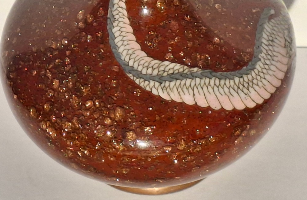 A miniature dark red Japanese cloisonne enamel vase featuring a detailed coiled dragon motif and a slender neck. View XV