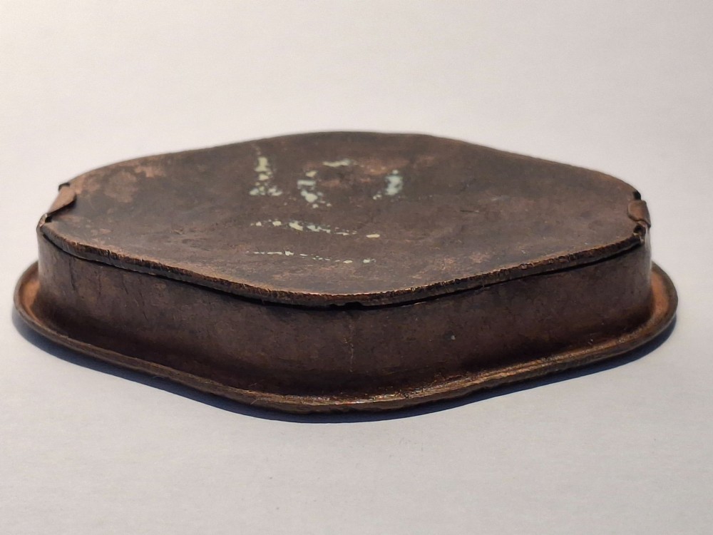 An oval-shaped antique Japanese bronze recessed door pull featuring two decorative enamel butterflies against a textured gilded background. View XII