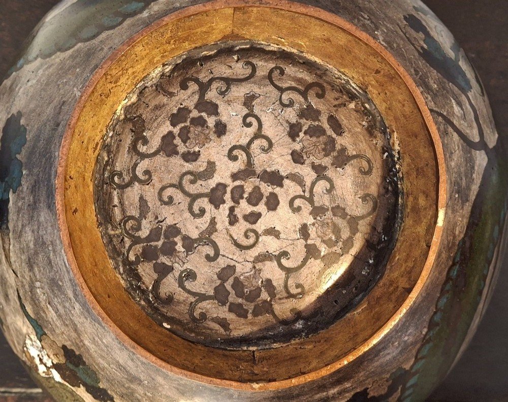 A large Japanese cloisonne enamel bowl featuring green dragon motifs, displayed on a carved dark wooden stand. View XIV