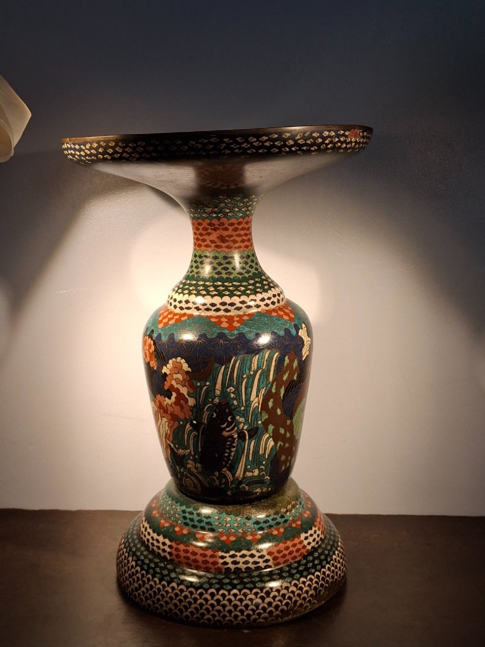 A large Japanese Meiji period cloisonne enamel vase with a wide flared top, decorated with a leaping koi carp motif amongst waterfalls and polychrome geometric patterns. View II