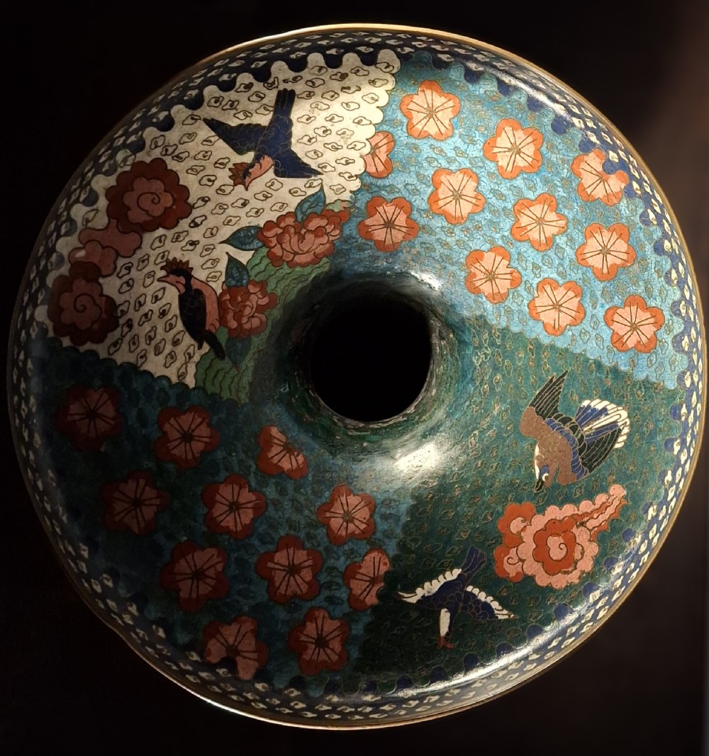 A large Japanese Meiji period cloisonne enamel vase with a wide flared top, decorated with a leaping koi carp motif amongst waterfalls and polychrome geometric patterns. View XI