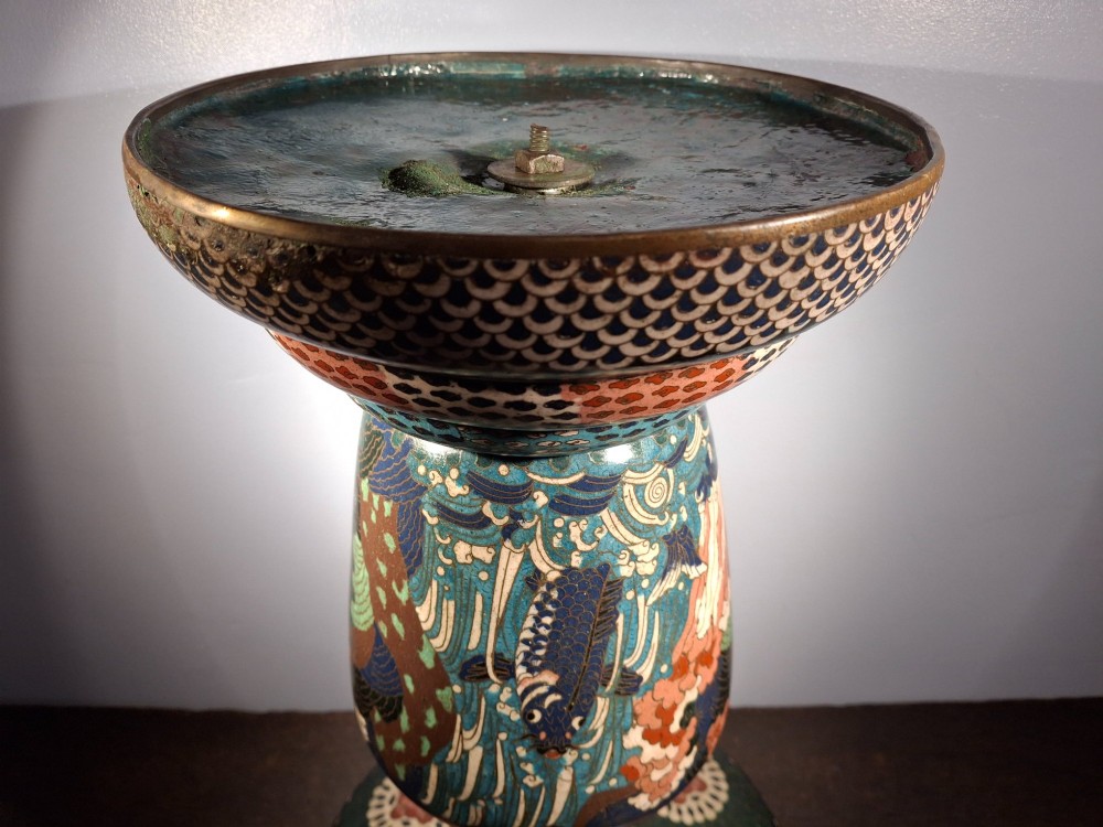 A large Japanese Meiji period cloisonne enamel vase with a wide flared top, decorated with a leaping koi carp motif amongst waterfalls and polychrome geometric patterns. View XIII