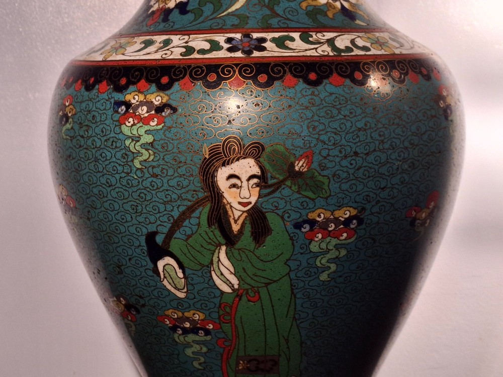 A large Chinese cloisonne enamel baluster vase decorated with scholar figures on a turquoise scrollwork ground with gilded rims. View VI