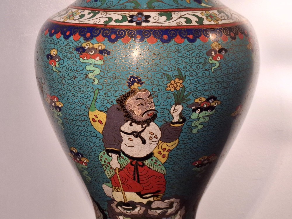 A large Chinese cloisonne enamel baluster vase decorated with scholar figures on a turquoise scrollwork ground with gilded rims. View VIII