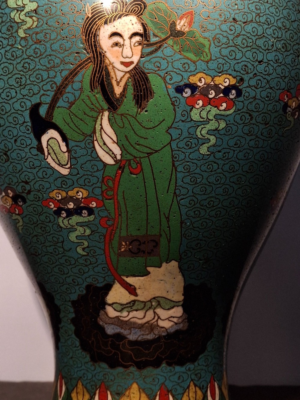 A large Chinese cloisonne enamel baluster vase decorated with scholar figures on a turquoise scrollwork ground with gilded rims. View X