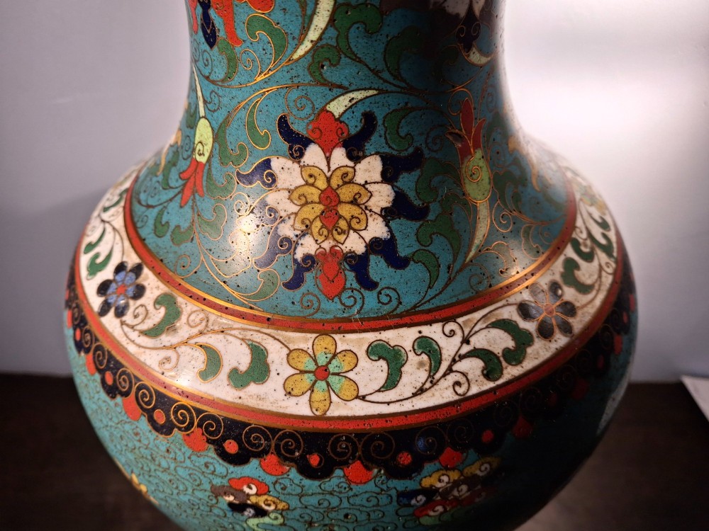 A large Chinese cloisonne enamel baluster vase decorated with scholar figures on a turquoise scrollwork ground with gilded rims. View XIII