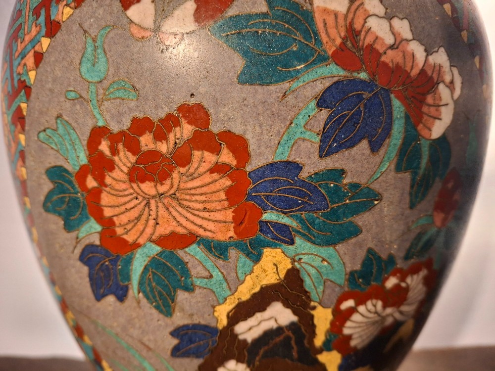 A nineteenth-century Japanese cloisonne enamel ginger jar featuring a patterned mosaic design and a colourful bird among floral motifs. View IX