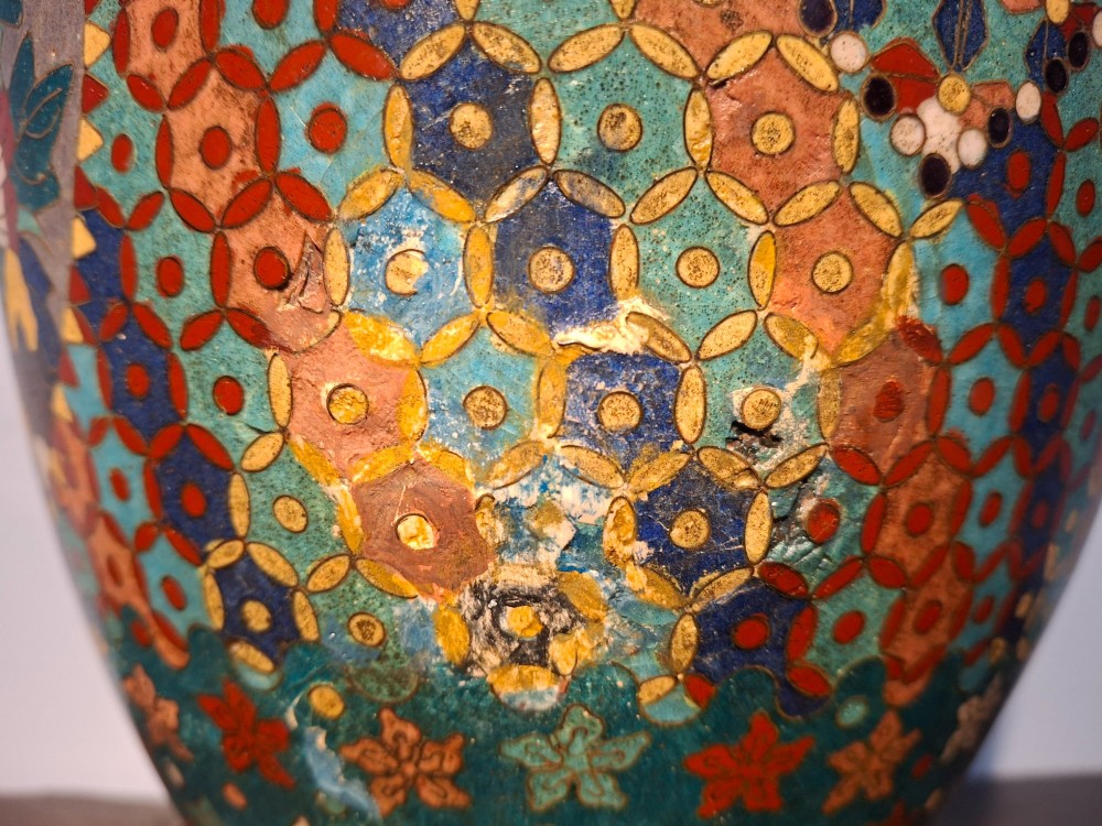 A nineteenth-century Japanese cloisonne enamel ginger jar featuring a patterned mosaic design and a colourful bird among floral motifs. View XI