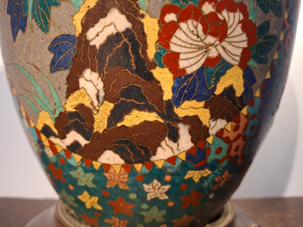 A nineteenth-century Japanese cloisonne enamel ginger jar featuring a patterned mosaic design and a colourful bird among floral motifs. View XII